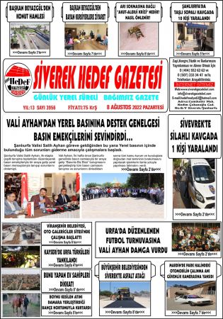 Siverek Hedef Gazetesi  – 8 Ağustos Pazartesi – www.siverekgazeteleri.com