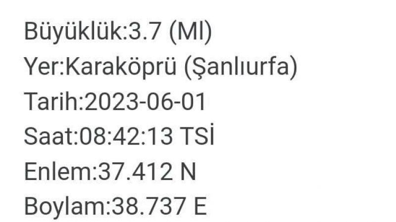 ŞANLIURFA’DA 3.7 BÜYÜKLÜĞÜNDE DEPREM 