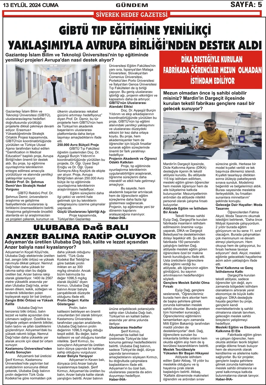 13.09.2024 Tarihli Gazetemiz