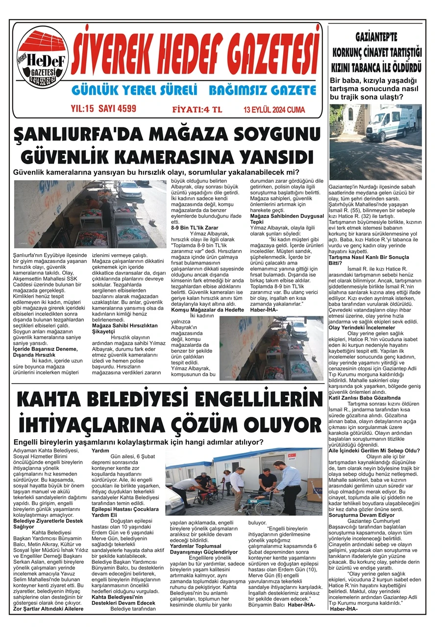 13.09.2024 Tarihli Gazetemiz