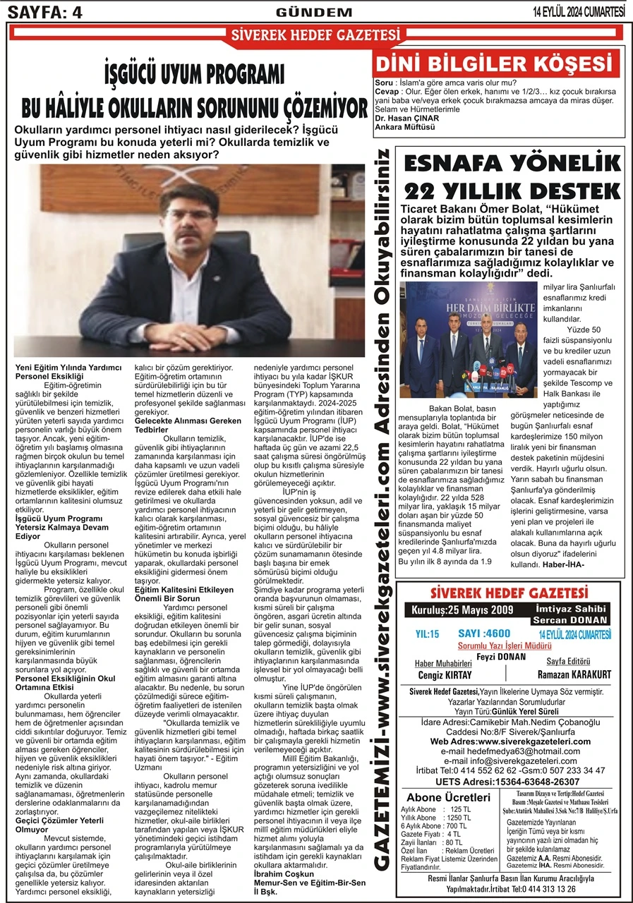 14.09.2024 Tarihli Gazetemiz