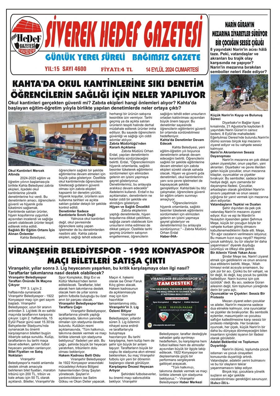 14.09.2024 Tarihli Gazetemiz