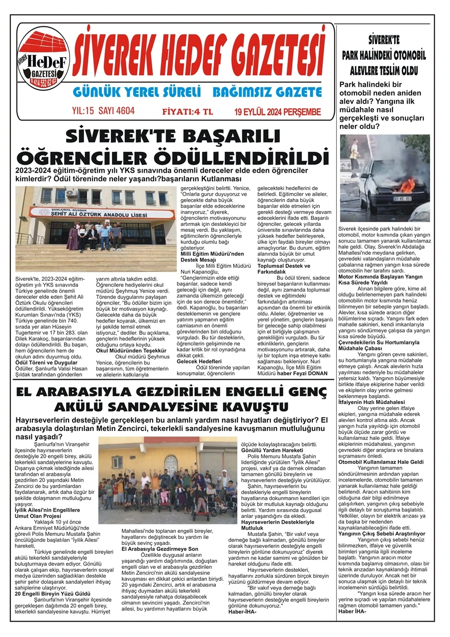 19.09.2024 Tarihli Gazetemiz