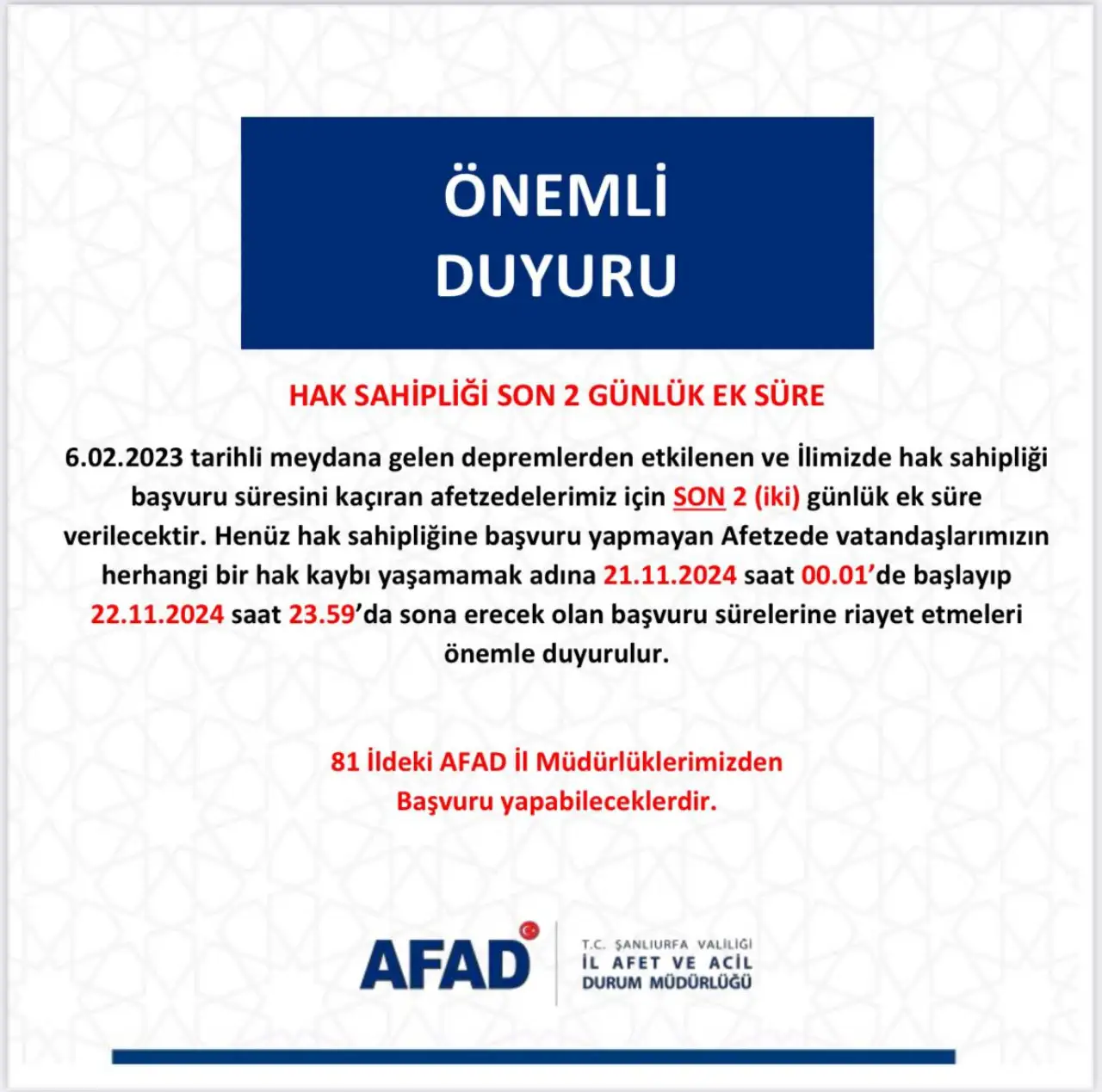 Siverek Kaymakamlığı'ndan AFAD Biriminden Önemli Uyarı