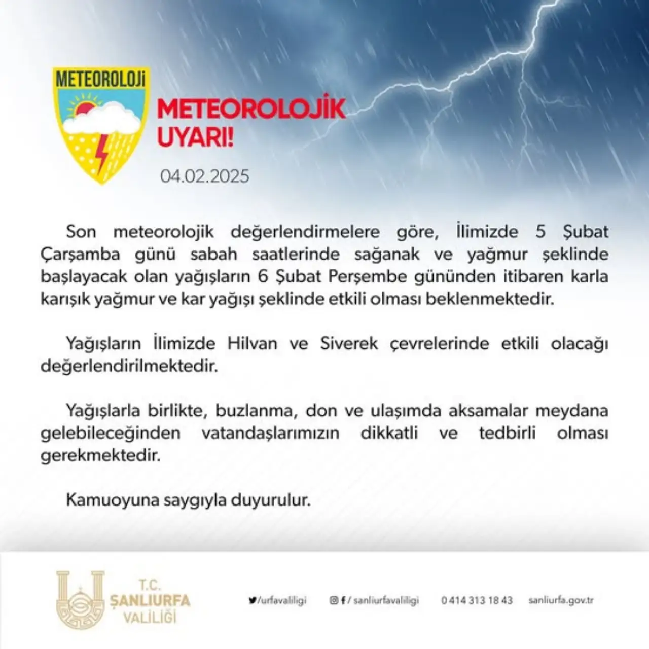 Siverek ve Çevresi İçin Meteorolojik Uyarı